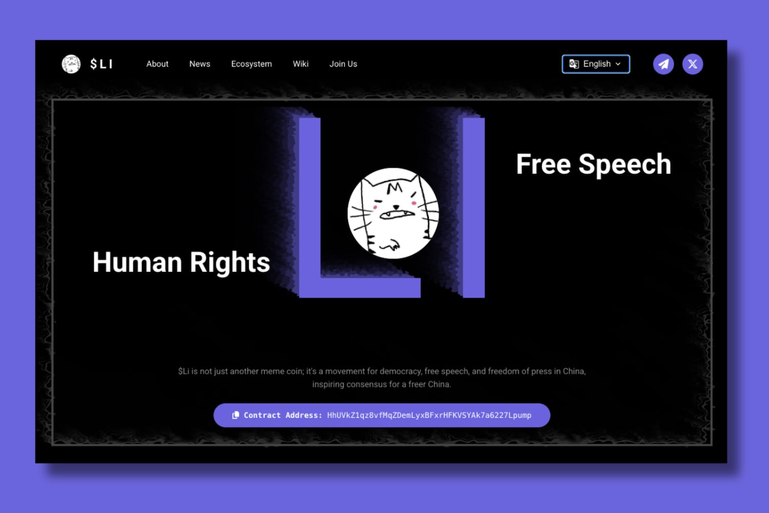The English-language homepage of  the meme coin $Li, a cryptocurrency launched by exiled Chinese activist Li Ying.