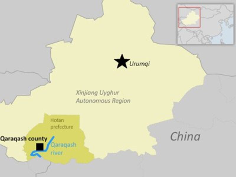 The map shows Qaraqash county in Xinjiang's Hotan prefecture.