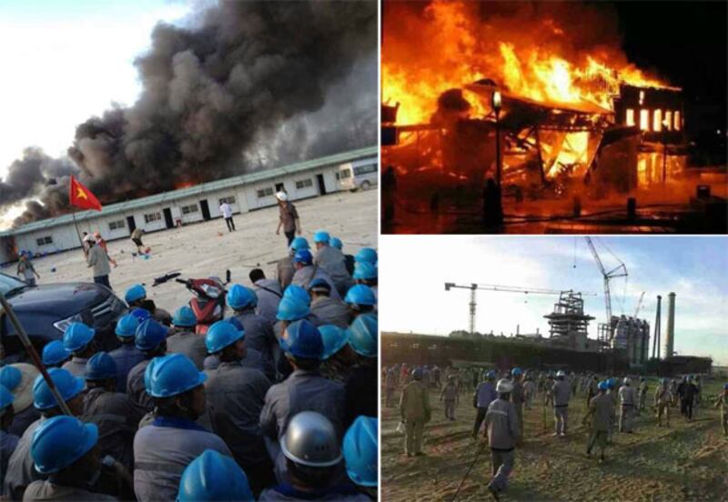 2014年5月14日,台塑鋼鐵廠位於越南河靜市的廠房遭暴徒打砸放火,其中十九冶的2個辦公室被焚毀。約200工人曾一度手持武器擊退300暴徒。(目擊者攝)