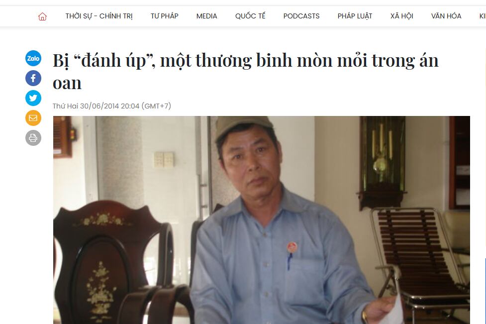 Ảnh chụp màn hình bài báo về trường hợp ông Trần Đình Toan trên báo Pháp Luật Việt Nam