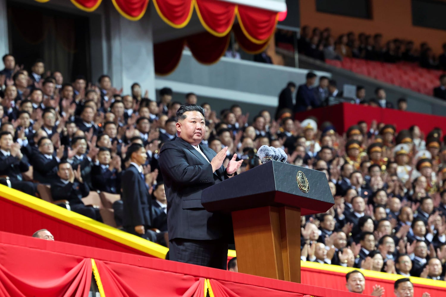 North Korea leader Kim Jong Un celebrates the 80th founding anniversary of the Workers' Party at the May Day Stadium in Pyongyang, Oct.. 9, 2025.