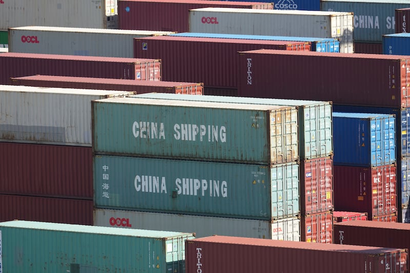 This April 8, 2025 photo shows China Shipping containers at the Long Beach Container Terminal in Long Beach, Calif.