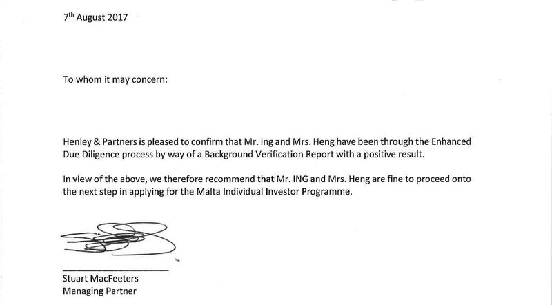 Heng Sokha and Ing Bun Hoaw's representatives pushed Henley & Partners to provide this letter affirming that they cleared the firm's enhanced due diligence. However, the Maltese government reached a different conclusion, and rejected the couple's citizenship application.