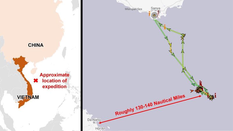 Automatic identification system (AIS) data reveals the Tan Suo 2 operating in waters disputed by China and Vietnam between Feb. 2 and Feb. 9. Credit: Data from MarineTraffic; analysis and annotation by RFA.