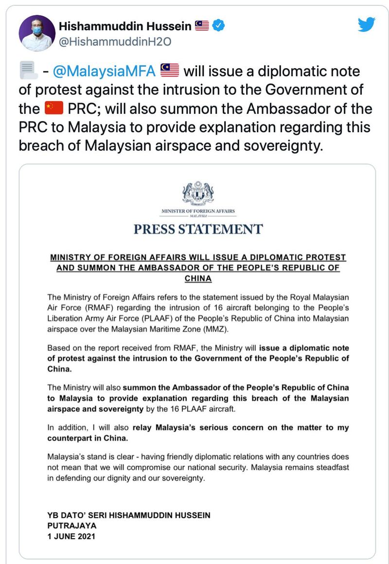 马来西亚外长希山慕丁（Hishammuddin Hussein）推特表示，大马将发出外交照会，召唤中国大使解释侵入马来西亚空域和侵犯马来西亚主权的行为。（推特）