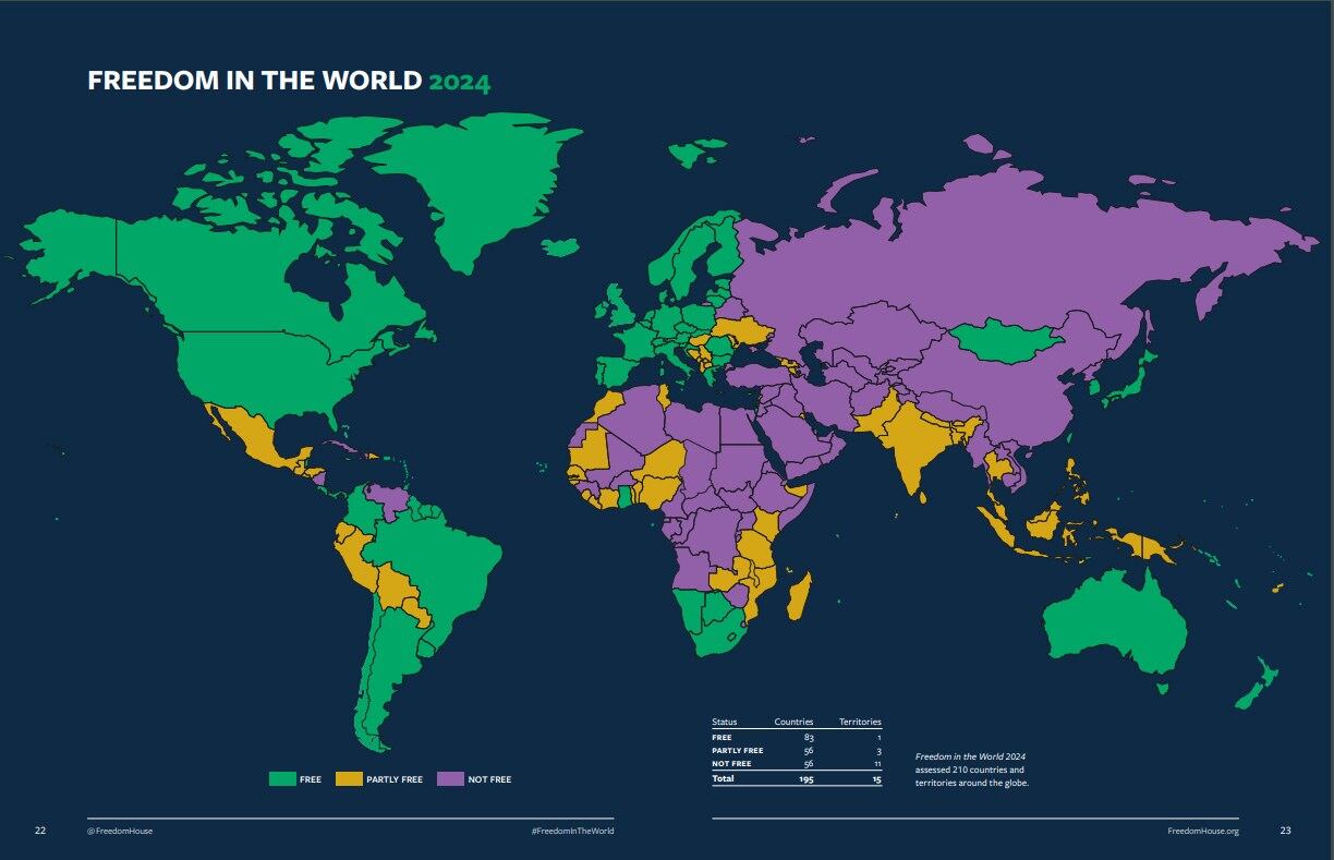 미국 워싱턴 DC에 기반을 둔 프리덤하우스가 발표한 ‘2024 세계자유보고서(Freedom in the World 2024)’.