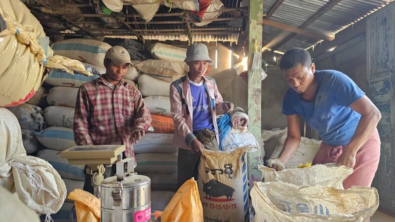 ဟင်္သာတမြို့ ပဲပွဲရုံတစ်ခုတွင် ပဲဝယ်နေကြသူများအား ၂၀၂၄ ခုနှစ်၊ ဇန်နဝါရီလ ၂၃ ရက်နေ့က တွေ့ရစဥ်။ (Photo: RFA)