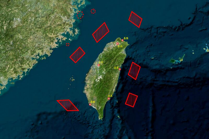 解放軍「聯合利劍-2024B」演習6個區域,位於台灣各主要港口外海。(中國軍號微博圖片)