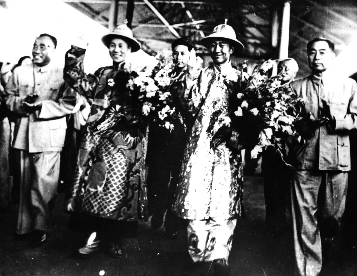 Tibetan spiritual leader the Dalai Lama on a visit in September 1954 to Beijing with fellow spiritual leader Panchen Lama and Chinese Communist leader Chou Enlai, right, and Tschu Teh, second in command of the Chinese Communists. (Keystone/Getty Images)