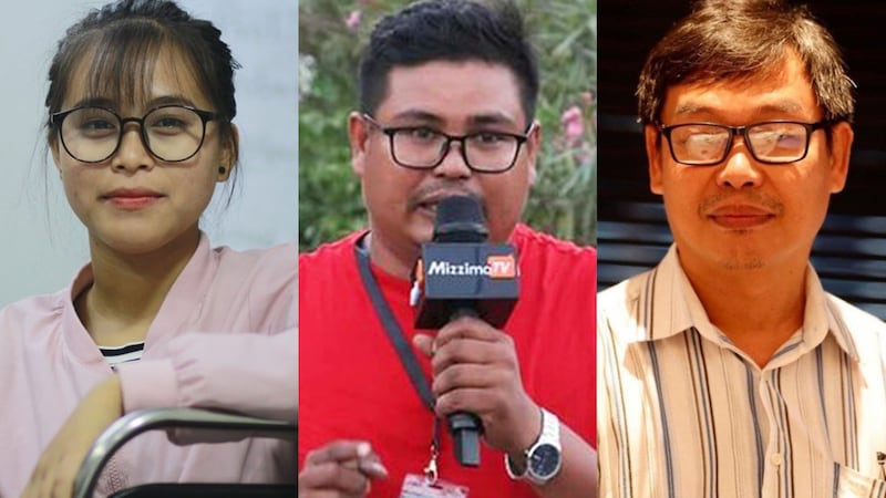 ထောင်ချခံရသည့် ရွှေဖီမြေသတင်းထောက် လွေးအမ်ဖောင်၊ မဇ္ဈိမသတင်းအယ်ဒီတာ ကိုသန်းထိုက်အောင်နှင့် သတင်းစာဆရာ ဦးစည်သူအောင်မြင့် တို့ကို တွေ့ရစဥ်
