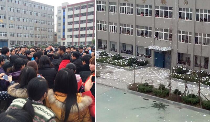 老師罷課維權行動，獲數百學生撕碎書本擲下操場聲援，地上白花花的一片如下雪般。而大批師生在教學樓外集會抗議，期間與學校領導發生爭執，校長報稱被打。（學生提供）