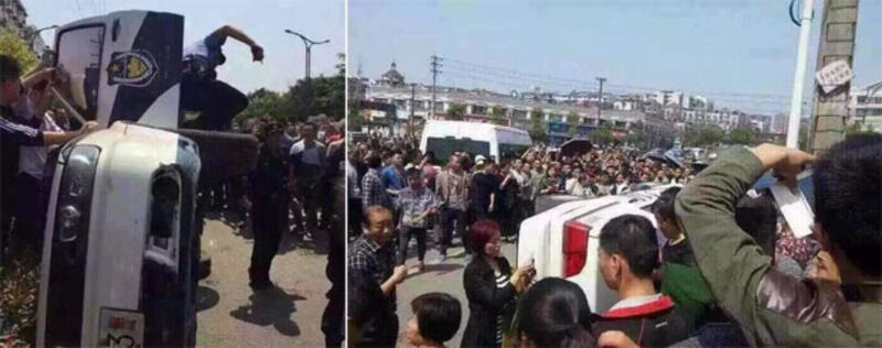 4月14日，威遠縣民眾不滿警方驅趕示威人群，把警車掀翻。（目擊者攝）