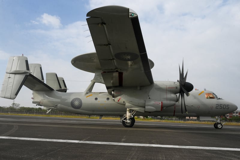 A U.S.-made E-2K early warning aircraft taxis on the runway during a Taiwanese Air Force exercise at Taitung Air Force base on January 30, 2024.