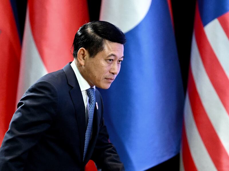 Laos' Foreign Minister Saleumxay Kommasith takes to the podium to speak during a press conference after the 57th Association of Southeast Asian Nations Foreign Ministers' Meeting.