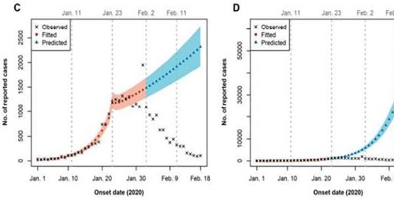 华中科技大学、哈佛大学和复旦大学研究者的最新联合研究显示，如果不加干预，任由新冠病毒以第二阶段（左）和第三阶段（右）的传播趋势蔓延，确诊病例将急剧上升，变为现有样本病例的2倍～20倍（蓝色曲线）。Source: 《Evolving Epidemiology and Impact of Non-pharmaceutical Interventions on the Outbreak of Coronavirus Disease 2019 in Wuhan, China》