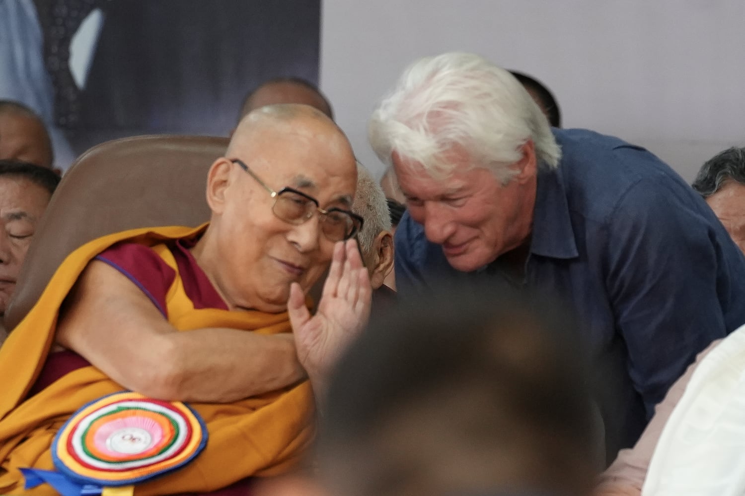 The Dalai Lama speaks with actor Richard Gere during celebrations on the 90th birthday of the Dalai Lama at the Main Temple in Dharamsala, India, July 6, 2025.