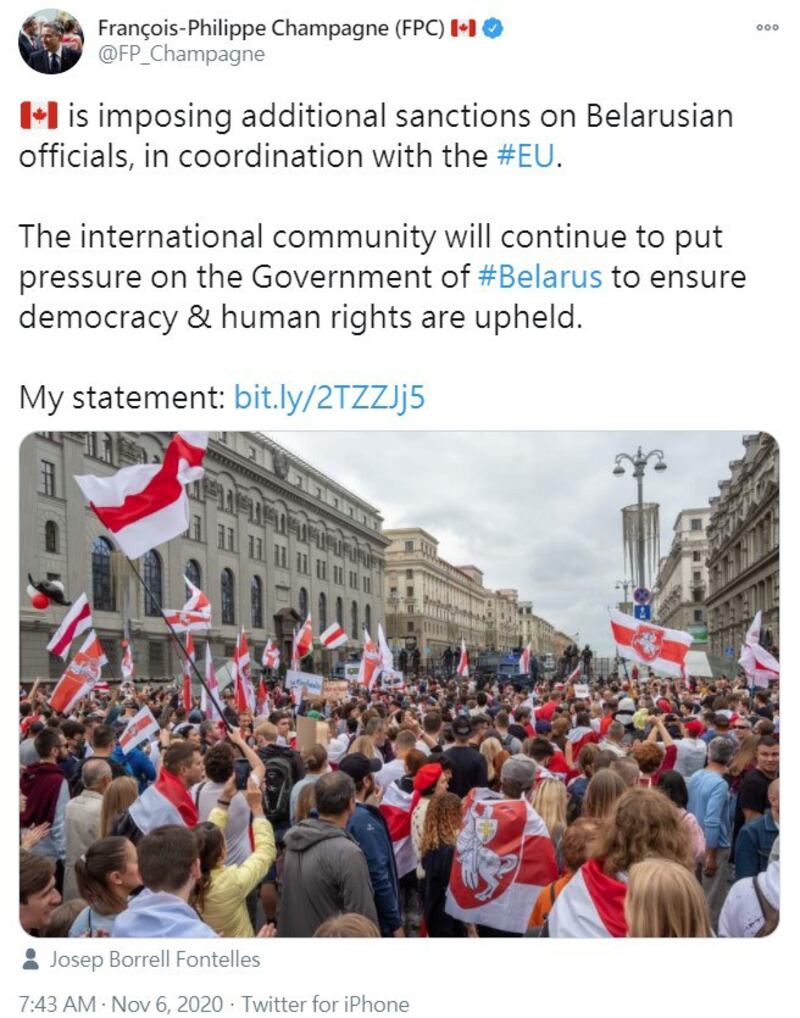 加拿大外长商鹏飞发推文称制裁白俄罗斯。(推特截图)