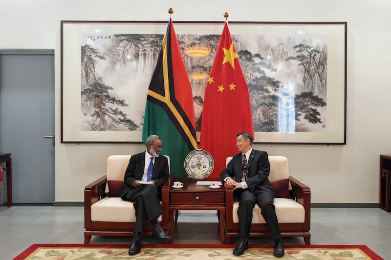 Chinese ambassador to Vanuatu Li Minggang in a meeting in Port Vila with Vanuatu's ombudsman Hamlison Bulu, March 3, 2026.