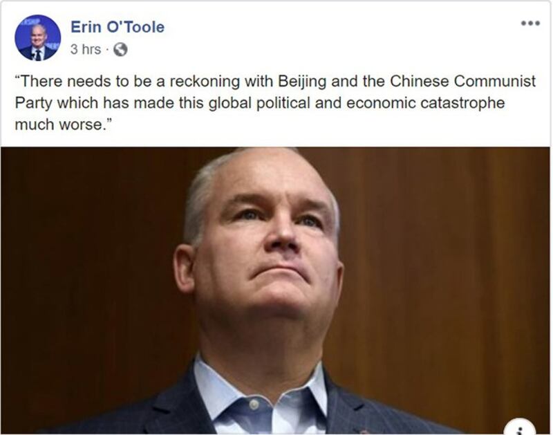 加拿大保守党党领候选人奥图尔常在社交媒体上批评中国 (奥图尔推特)