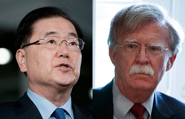 한국의 정의용 청와대 국가안보실장(왼쪽)과 존 볼턴 백악관 국가안보보좌관.