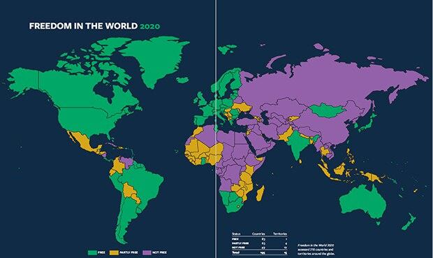 프리덤하우스가 4일 발표한 ‘2020 세계자유보고서(Freedom in the World 2020)’에 포함된 자유국가(초록색), 부분적 자유국가(노랑색), 비자유국가(보라색)를 보여 주는 지도. 