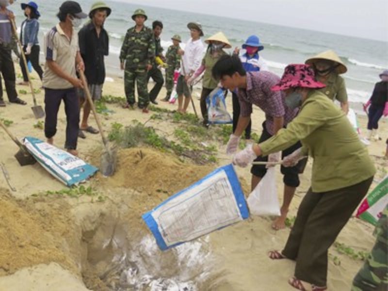 Dân làng chôn cá chết trên một bãi biển ở Quảng Bình, Việt Nam hôm 28/4/2016.