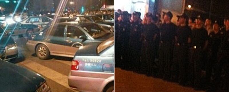 自稱官員的私家車司機獲警察護送離開,引起逾千出租車司機和群眾不滿,堵路抗議警察包庇。當局出動五百特警到場戒備,雙方對峙兩個多小時,人群才自行散去。(相片由現場人士提供 )