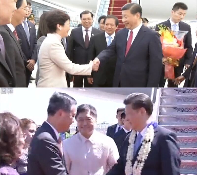 對比歷任行政長官，如林鄭月娥及梁振英出席APEC時，也未見緊跟在習近平身後。（粵語組製圖）