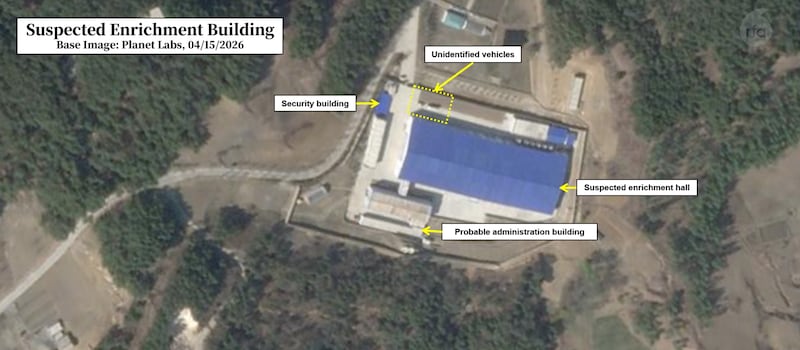 A new building at North Korea's Yongbyon nuclear complex, suspected to be for uranium enrichment. High-resolution images from March to April all show that the facility is being well-maintained and occasionally vehicles can be seen on the premises, such as on April 15.