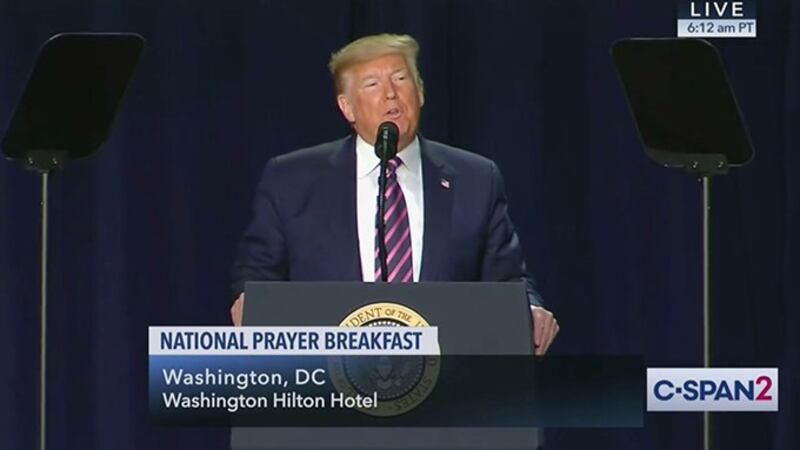 2020年2月6日，美国总统特朗普出席“全美祈祷早餐会”。（视频截图）