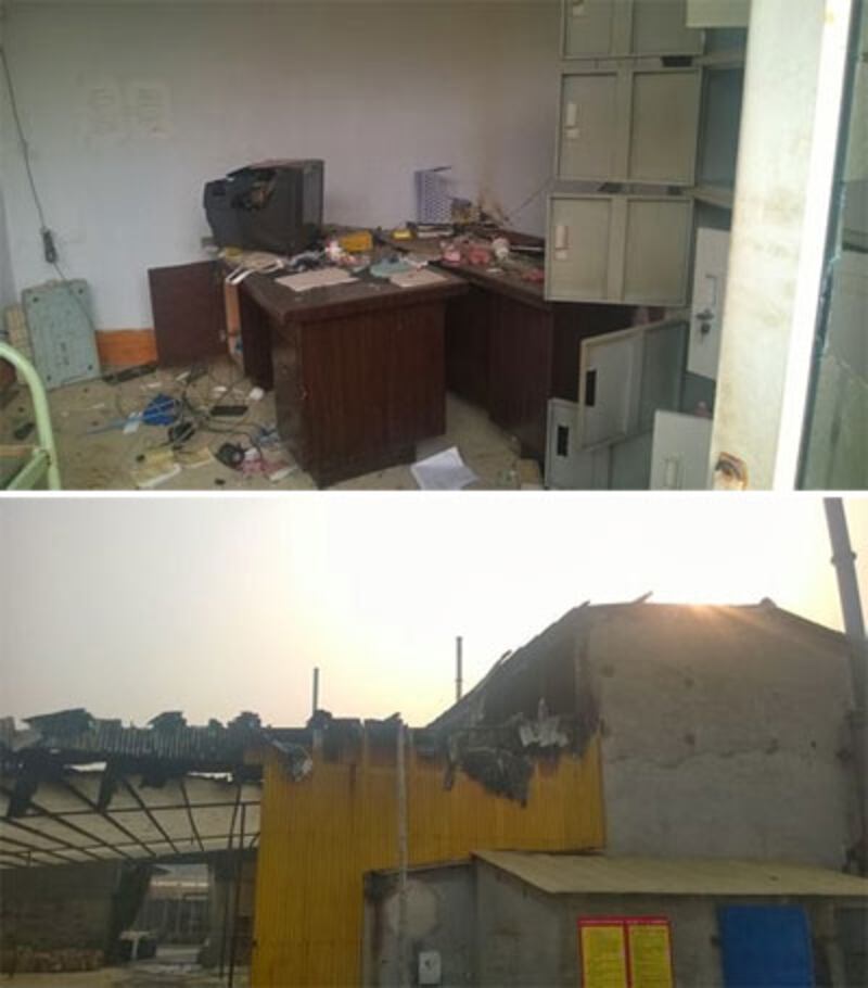 1月30日，大火被撲滅後，化工廠部份建築結構被燻黑，屋頂也燒掉了。化工廠的辦公室裡，疑曾被人打砸過。（村民攝） 