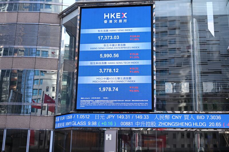 「恒大系」三間上市公司周四(28日)突然停牌,恒生收市報17,373,跌約230點。(張仕仁攝)