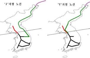 권원순 한국외대 경제학부 교수가 2011년 서울에서 열린 `북한경제포럼 제43차 정기 세미나'에서 제안한 `J자형' 파이프라인 노선(왼쪽). 권 교수는 남한을 거쳤다가 북한으로 가기 때문에 `Y자형'보다 안정적이라고 평가했다. 
