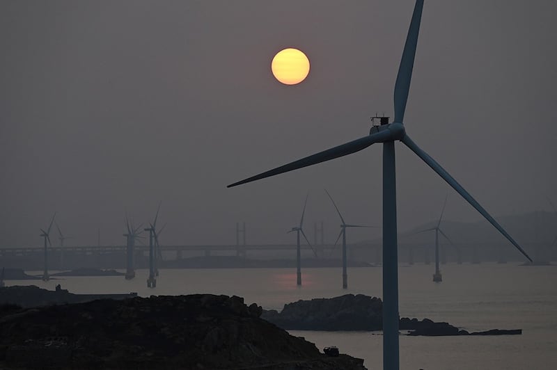 中国东南部沿海风场迅猛成长,这一带也是候鸟迁徙重要通道,图为福建平潭外海风场。(法新社)