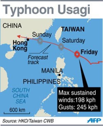 Sơ đồ vị trí và hướng di chuyển của Siêu bão Usagi hôm 20 tháng 9 năm 2013. AFP PHOTO.