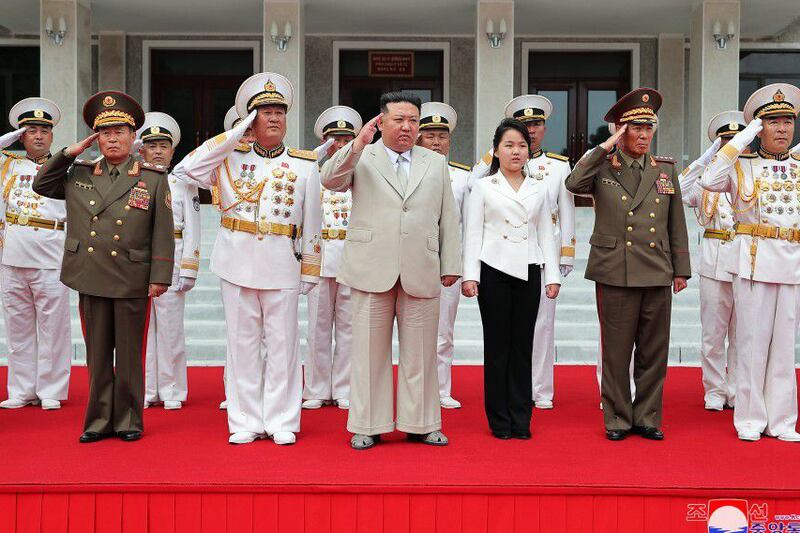 Kim Jong Un and his daughter Joo Ae make an official visit to the Naval Command of the Korean People's Army, Aug. 27, 2023, to celebrate Navy Day in North Korea.