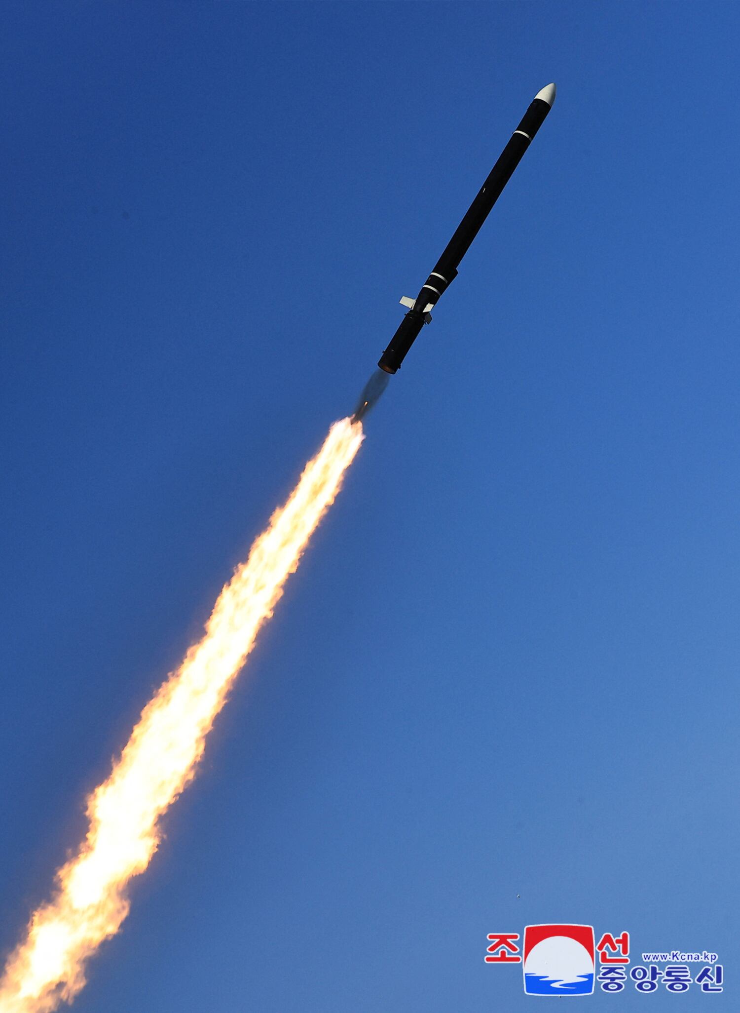 A missile flies during what state media KCNA says is a test-launch of a strategic cruise missile over the sea off the west coast of the Korean peninsula, Feb. 26, 2025, in this photo released by the Korean Central News Agency on Feb. 27, 2025.