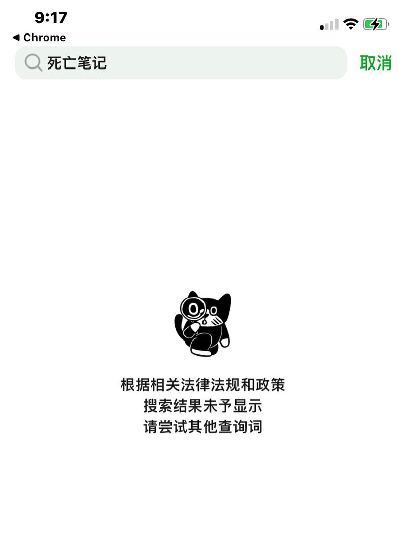 現在於「豆瓣」搜尋《死亡筆記》一詞，會得出「根據相關法律法規和政策，搜索結果未予顯示，請嘗試其他查詢詞」的回應。（網絡截圖）