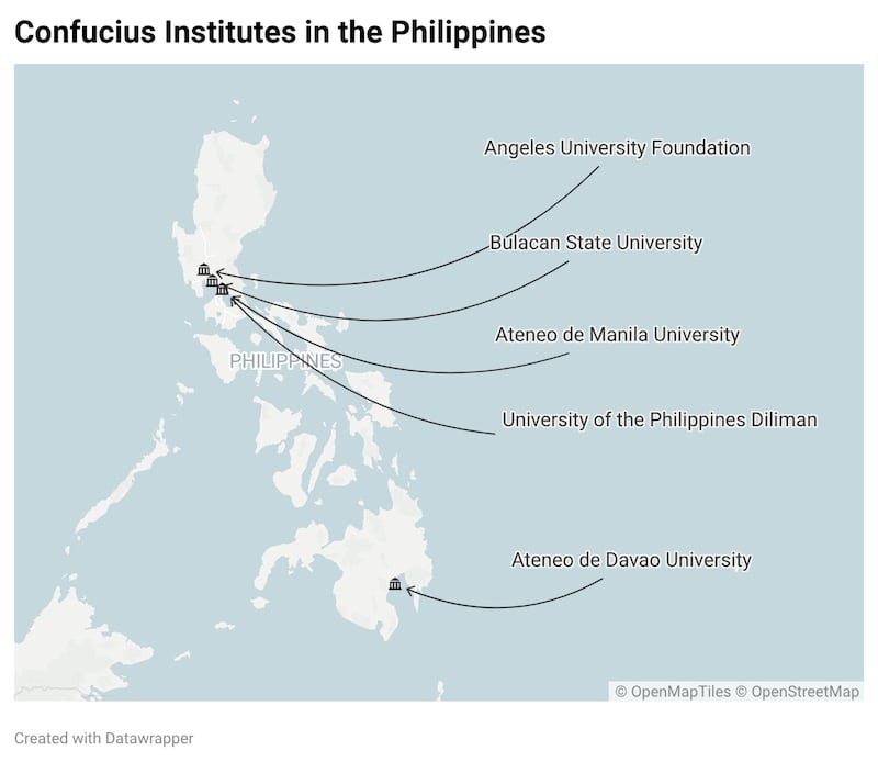 A map showing the location of the five Confucius Institutes in the Philippines.