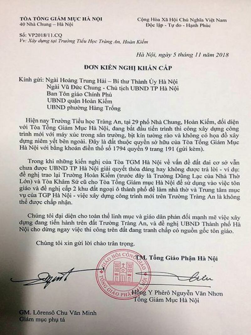 Hình chụp đơn kiến nghị của Tổng Giám mục Hà Nội gửi lãnh đạo Hà Nội hôm 5/11/2018