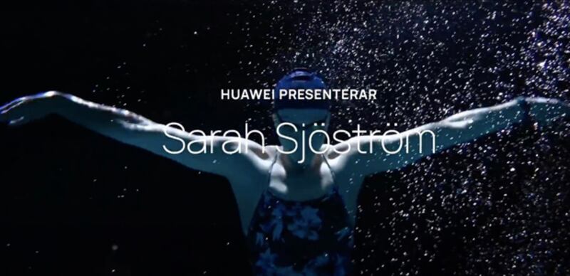 與拉爾森同時華為手機代言的瑞典游泳名將薩拉•舍斯特倫（Sarah Sjostrom）。（華為youtube官方頻道視頻截圖）