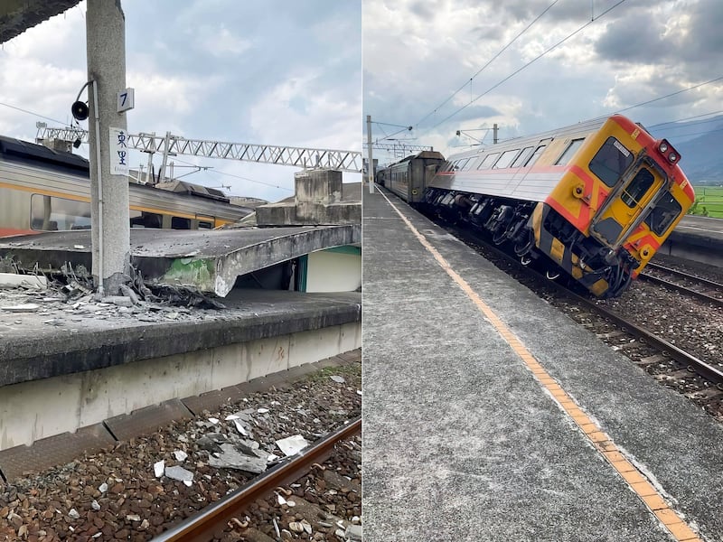 台東地震造成一列火車出軌,東里火車站月台因地震崩塌。(民眾提供)