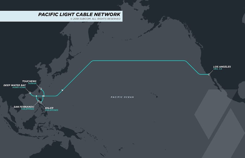 跨太平洋海底光纤网（PLCN）全长约1.2万公里。（脸书图片/Facebook@Pacific Light Data Communication） 