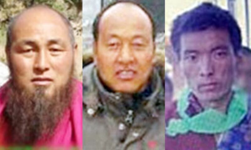 左:甘肅碌曲縣多鬆多寺44歲僧人洛桑桑珠,涉洩露自焚消息被捕。中:碌曲縣雙岔村村民格桑嘉涉自焚被捕。右:雙岔鄉另一村民尼瑪亦被捕。(照片來自維權人士)