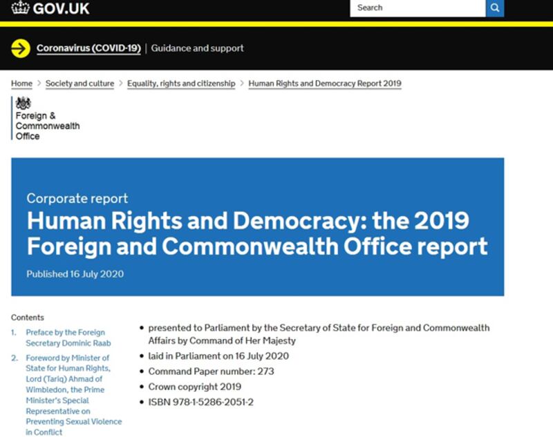 英國外交部發表《2019年人權與民主報告》。（英國外交部網頁截圖）