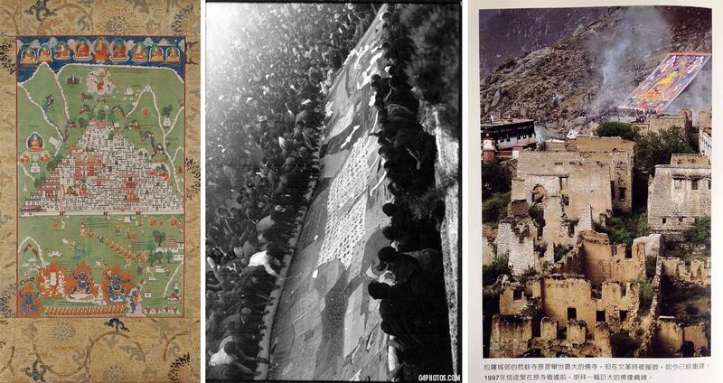 左图:《哲蚌寺全景图·民俗庆典》,绘于18世纪末,比利时皇家艺术与历史博物馆藏。展示了这座有六百年历史并可以容纳数万名僧侣的建筑群,山腰上布满静修洞。(图片来自网络);中右图:两张我保存在手机里的照片。黑白为1989年哲蚌寺展佛。彩色为1997年哲蚌寺展佛。(图片来自网络)