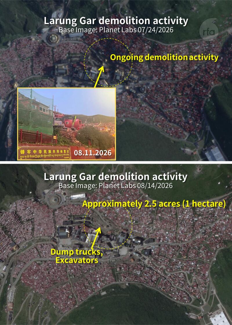 Comparing satellite imagery from July 24 and August 14 shows that the demolition area has expanded and that some areas have been cleared of debris. Dump trucks and excavators can still be seen operating at the approximately 2.5-acre (1 hectare) demolition site.