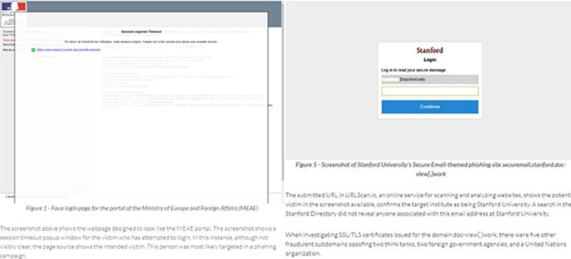 북한 추정 해커가 프랑스 외교부(왼쪽)와 스탠포드대학교의 웹사이트와 유사하게 만든 위장 피싱웹사이트.