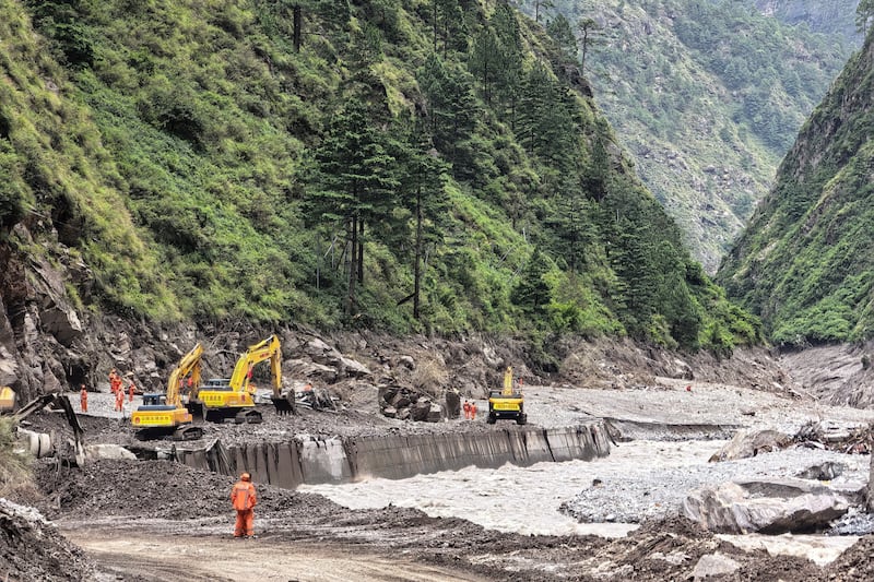 Damaged road leading to Gyirong Port following a mudslide, in Shigatse, Tibet Autonomous Region, Aug. 27, 2026.