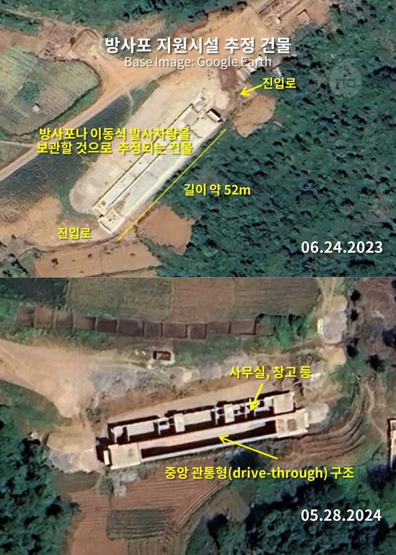 북한이 비무장지대 인근에 건설 중인 52미터 길이의 방사포 지원 시설로 추정되는 건물. 아래 위성사진에서는 건물 내부 구조를 확인할 수 있다. Analyzed by Jacob Bogle
